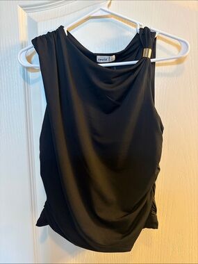 Black One-Shoulder Draped Camisole with Gold Accent